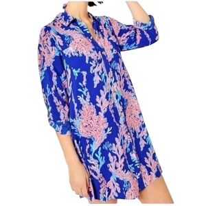 Lilly Pulitzer NWT Borealis Blue swim Beach Cover Up Shirt Dress Gold Buttons M